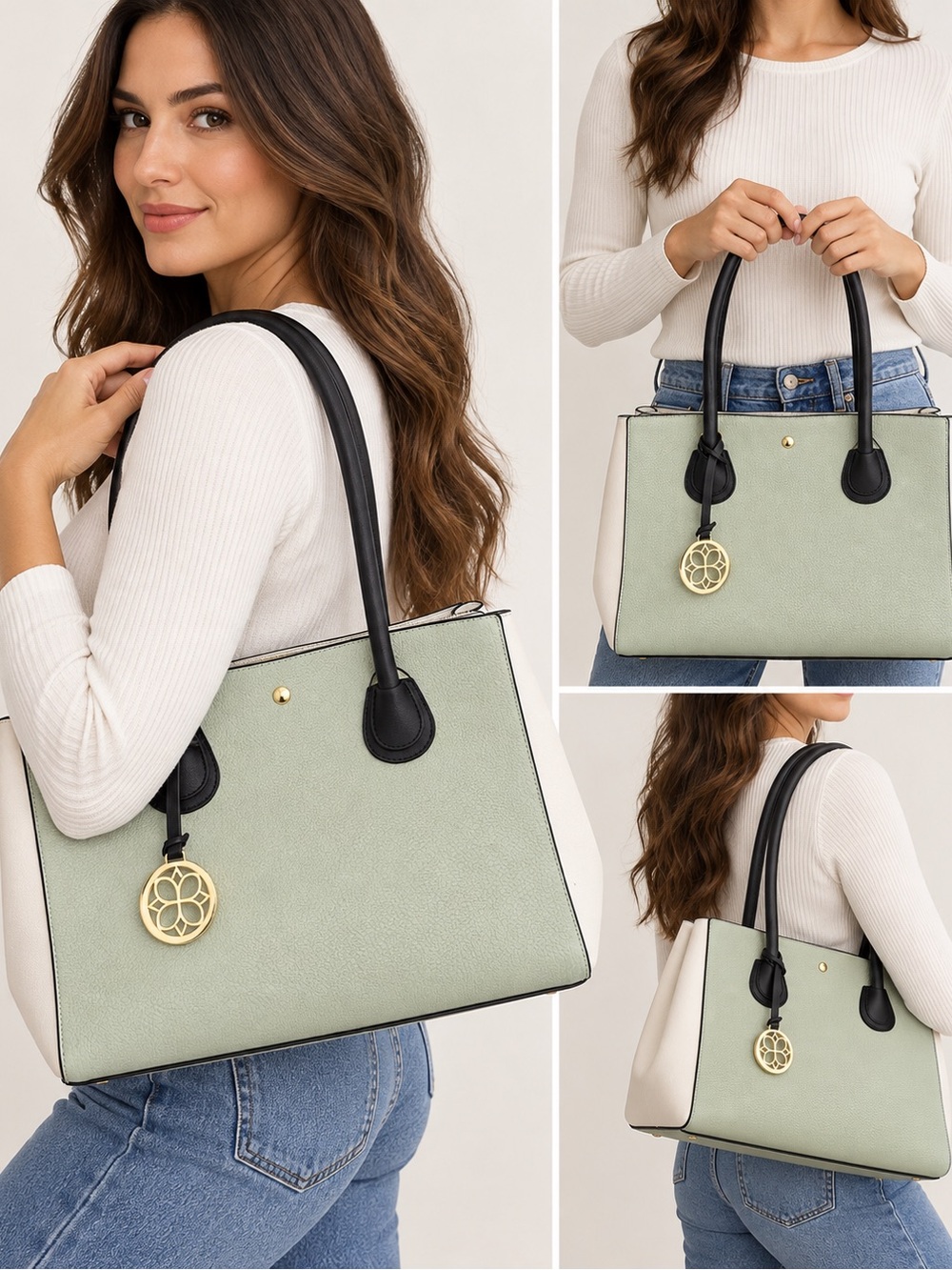 Everyday Two-Tone Tote Bag in Sage Green and Cream NWOT